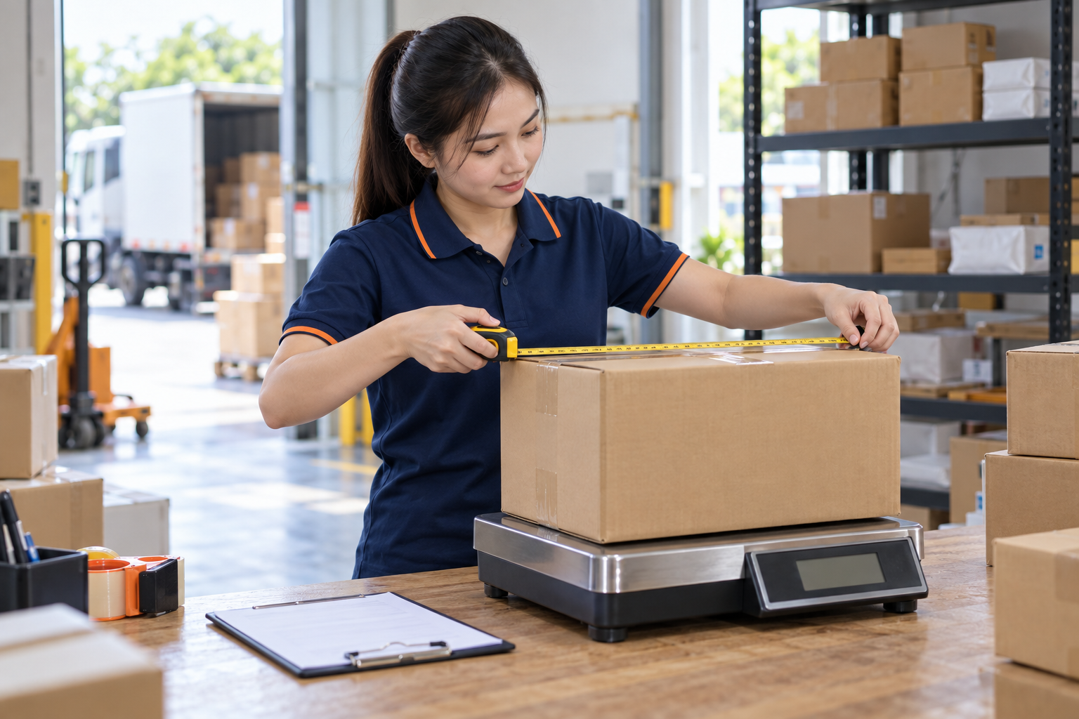 Minh họa cân và đo kiện hàng để xác định cước vận chuyển