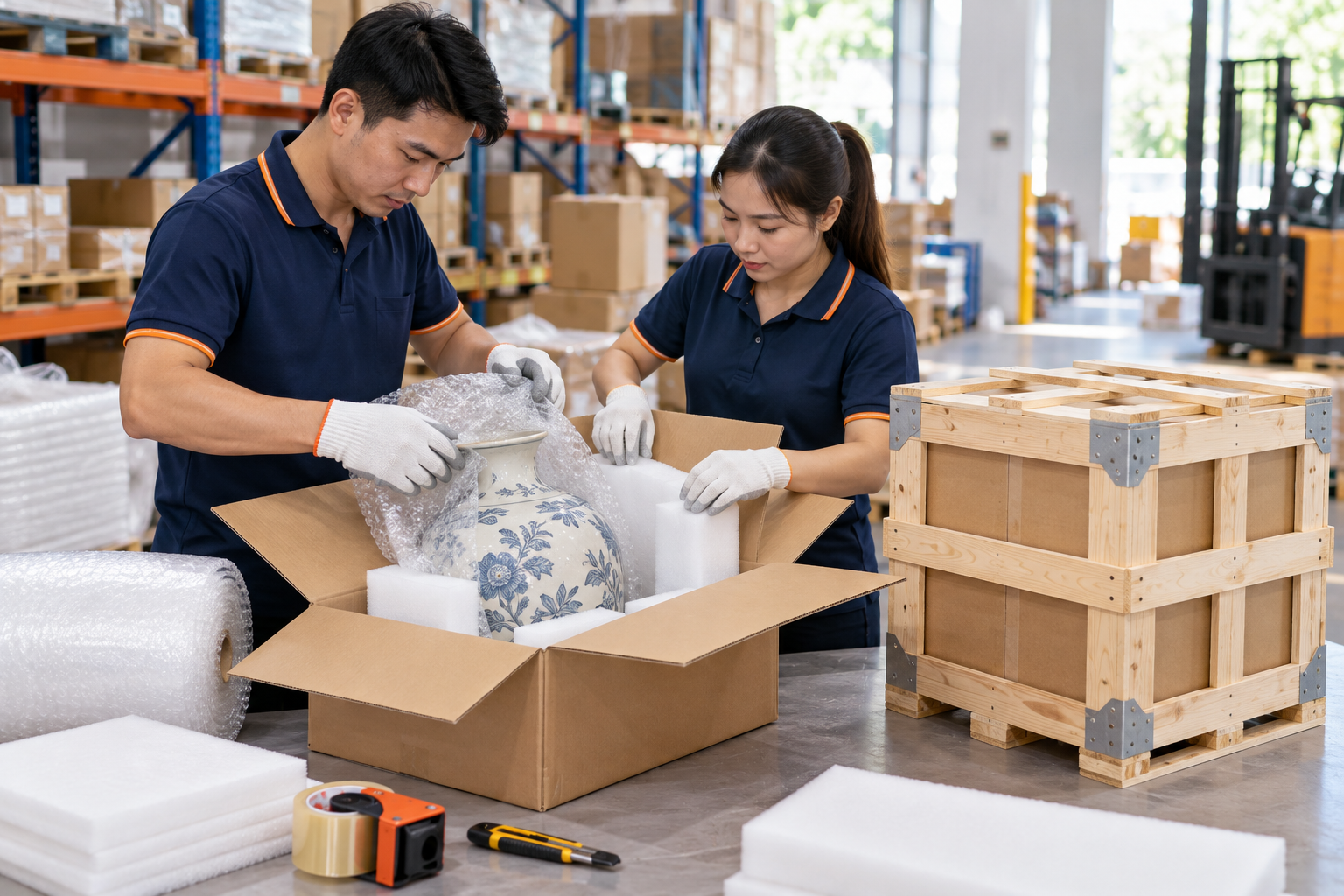Bọc chống sốc, chèn xốp và gia cố kiện hàng bằng khung gỗ