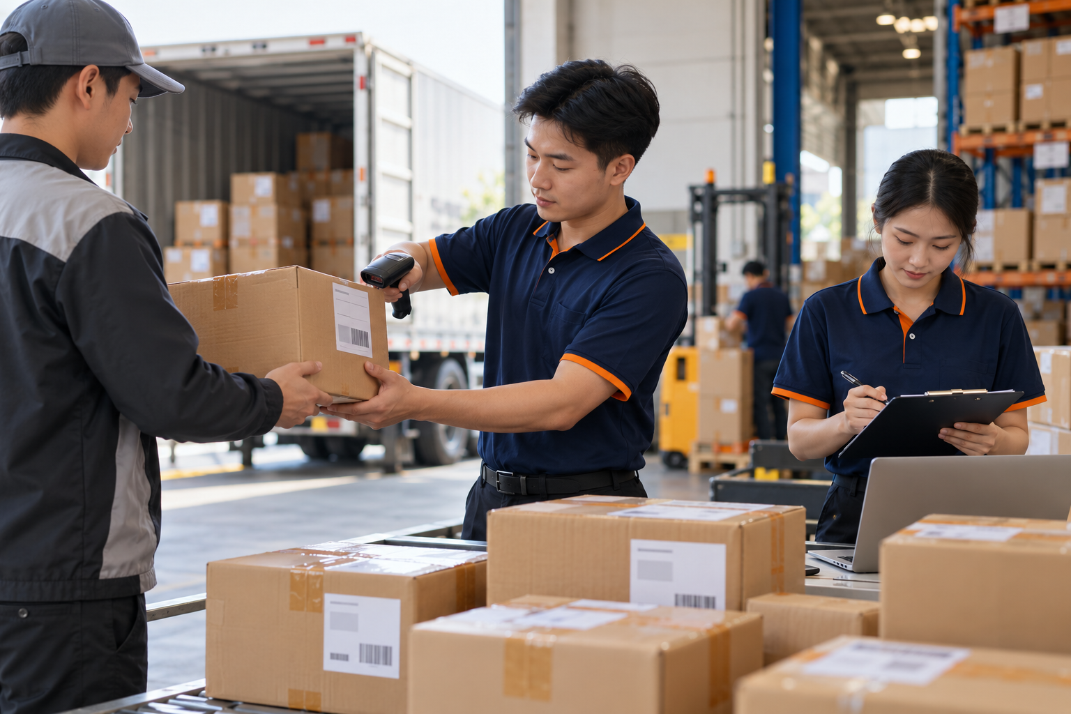 Nhân viên kho tiếp nhận kiện ký gửi, quét mã vận đơn và đối chiếu thông tin