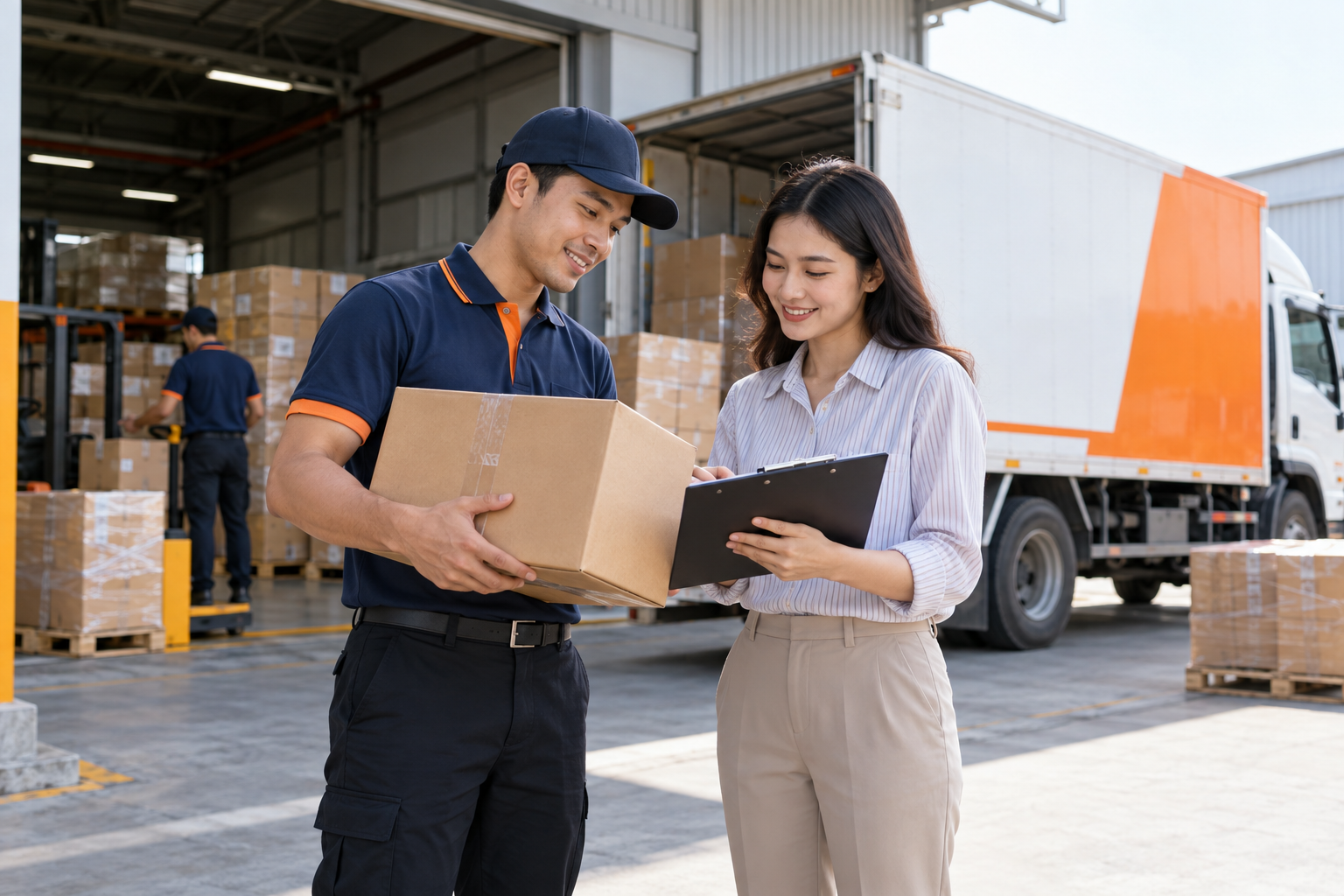 Nhân viên vận chuyển bàn giao kiện hàng và đối chiếu thông tin với khách