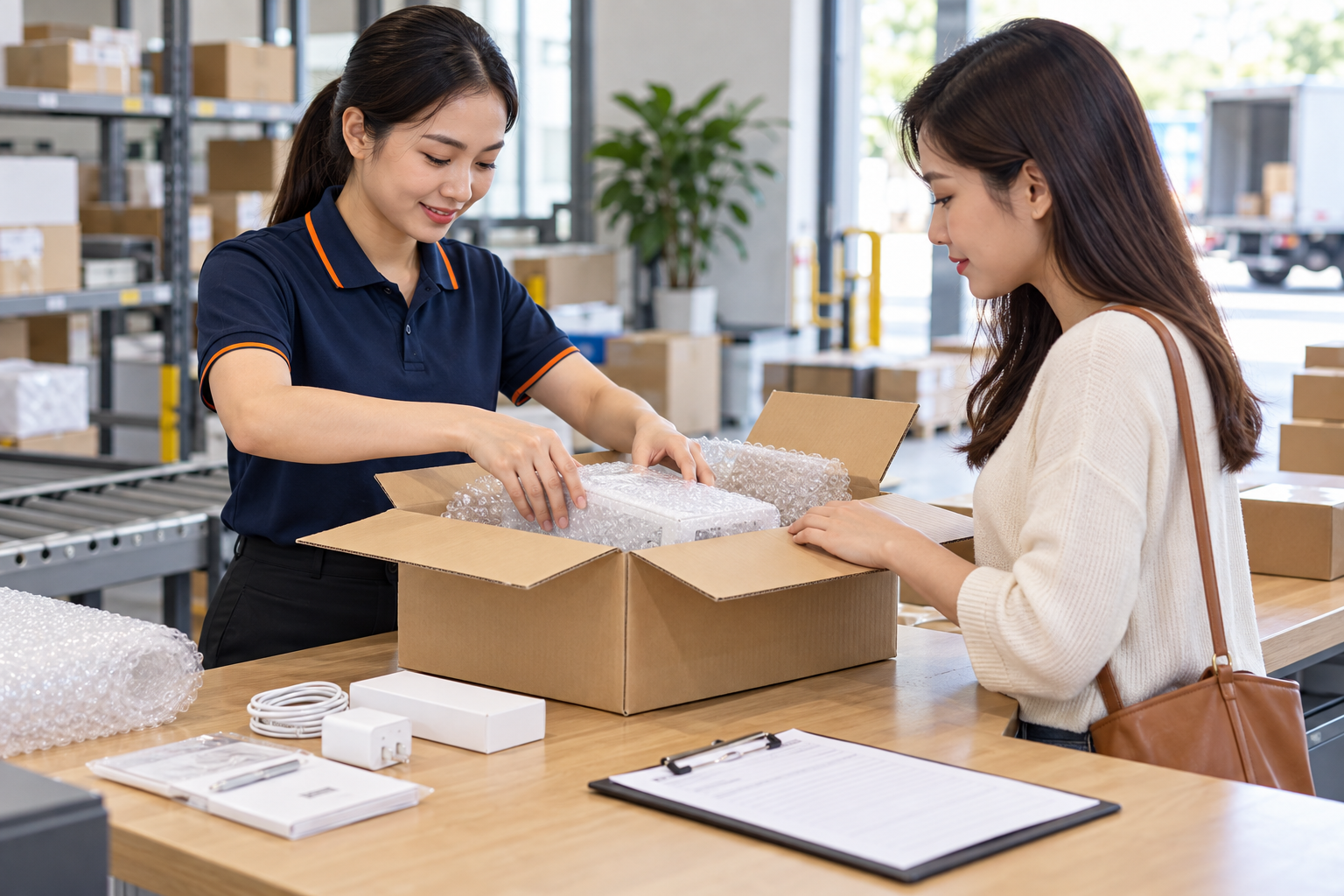 Nhân viên hỗ trợ khách đóng gói hàng để gửi trả