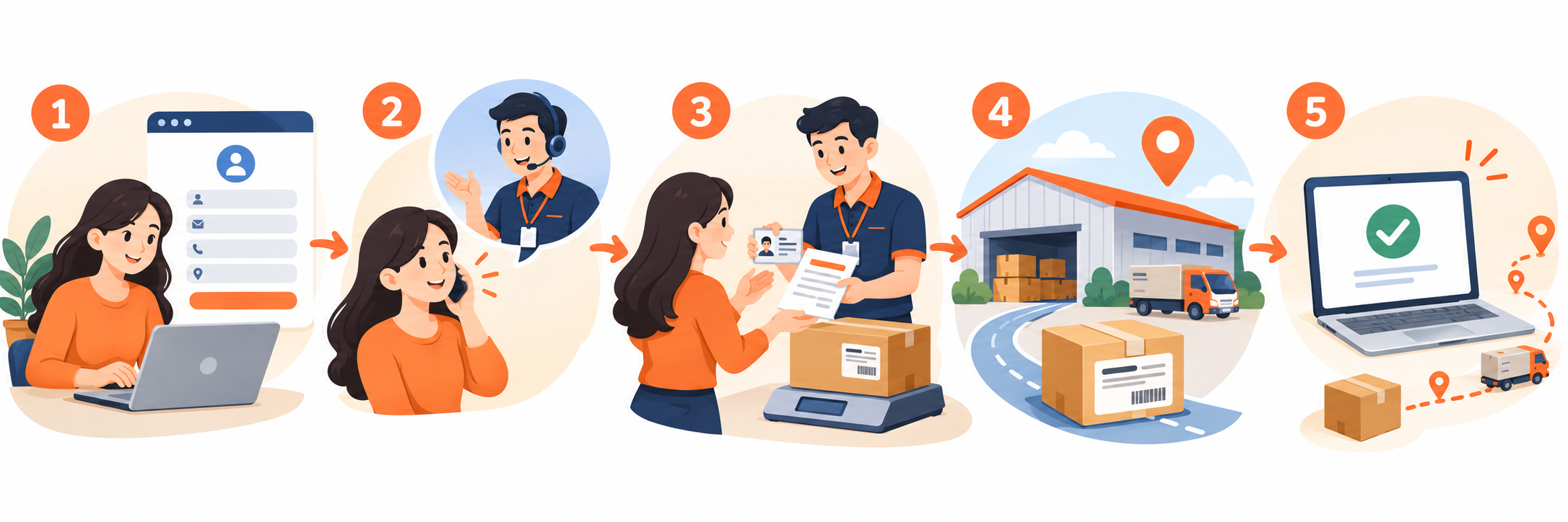 Quy trình khách hàng mới: đăng ký, liên hệ, nhận mã khách và báo giá, nhận địa chỉ kho ký gửi, được duyệt sử dụng tài khoản