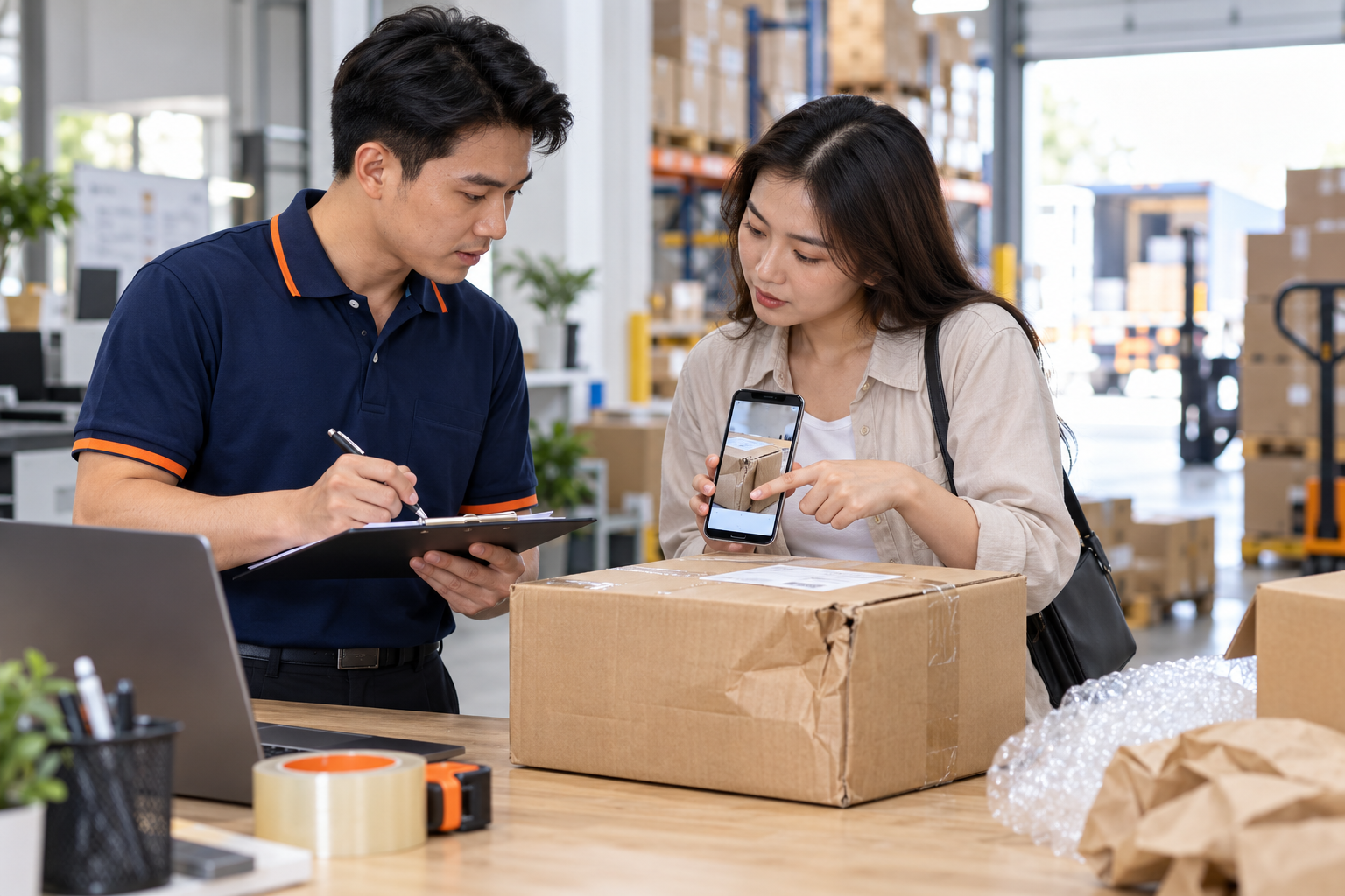 Nhân viên cùng khách kiểm tra kiện hàng và ghi nhận chứng cứ khiếu nại