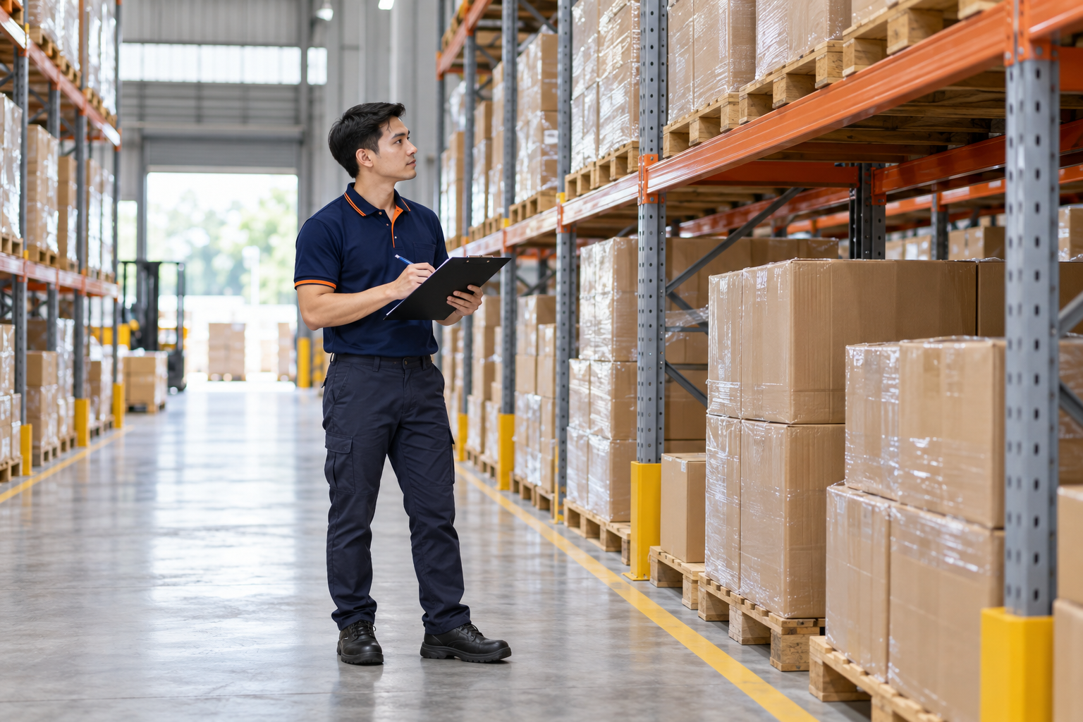 Nhân viên kiểm tra các kiện hàng được sắp xếp lưu kho